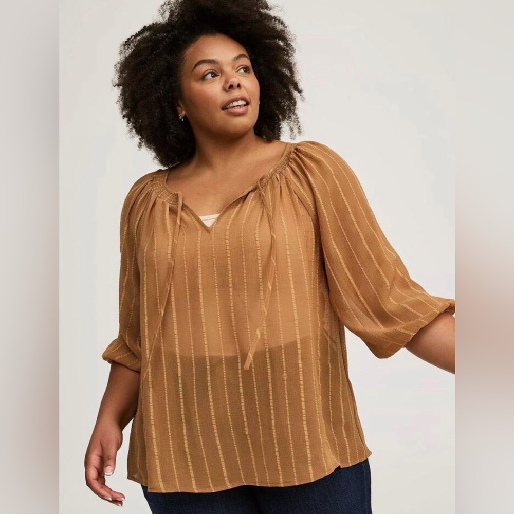 Torrid Chiffon Sheer Peasant 3/4 Raglan Brown Blouse Size 2X/18-20